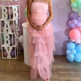 Pink fashion sweet A-line strapless long elegant layered tulle ball gown evening dress party dress HZ1023
