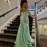 Green elegant fashion V-neck long satin floor-length train slit backless evening dress party dress prom dress ball gown graduation dress HZ1023