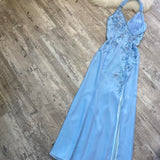 Beautiful light blue A-line strap blue delicate floral rhinestone sequin beaded backless long slit chiffon ball gown evening gown prom gown birthday party dress HZ1023