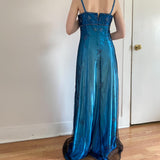 Vintage Fashion Blue Delicate Floral Beaded Ombre Spaghetti Strap Long Satin Tulle Fairy Ball Gown Square Neck Prom Dress Evening Dress Birthday Party Dress HZ1023