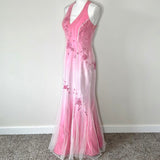 Pink Fashion Gradient Elegant V-neck Exquisite Floral Beading Backless Long Tulle Satin prom dress Evening Dress Party Dress HZ1023