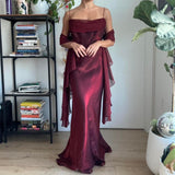 Burgundy vintage elegant a-line spaghetti strap sleeveless long formal floor-length ball gown prom dress evening gown party dress HZ1023