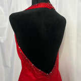 Cherry Red Vintage Exquisite Beading Gorgeous Bright Sexy Backless Long Satin Slit Formal Prom Dress Evening Dress Wedding Guest Dress Birthday Party Dress HZ1023
