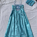 Light Blue Vintage Fashion Playful Deep V Exquisite Floral Beaded Halter Long Satin Tulle Fairy Ball Gown Square Neck Prom Dress Evening Dress Birthday Party Dress HZ1023