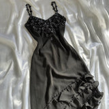??? Black Beautiful Vintage Elegant Exquisite Floral Beading 3D Flower Applique Asymmetric Ruffle Dress Midi Chiffon Homecoming Dress Prom Dress Evening Dress Party Dress Graduation Dress HZ1023