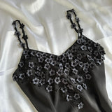 ??? Black Beautiful Vintage Elegant Exquisite Floral Beading 3D Flower Applique Asymmetric Ruffle Dress Midi Chiffon Homecoming Dress Prom Dress Evening Dress Party Dress Graduation Dress HZ1023