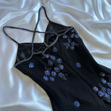Black gorgeous shiny beautiful stylish unique elegant exquisite blue floral beading long chiffon ball gown evening dress party dress HZ1023