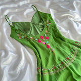 Grass Green Exquisite Floral Embroidery Spring Fairy Retro Fashion Spaghetti Strap Midi satin Ball Gown Evening Dress Birthday Party Dress Prom Dress HZ1023