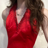 Cherry Red Vintage Exquisite Beading Gorgeous Bright Sexy Backless Long Satin Slit Formal Prom Dress Evening Dress Wedding Guest Dress Birthday Party Dress HZ1023