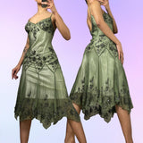 Green Beautiful Stunning Vintage Gorgeous Fashion Elegant Exquisite Beading Midi/Short Asymmetrical Chiffon Flowing Ball Gown Evening Dress Birthday Wedding Guest/Birthday Party Dress Prom Dress HZ1023