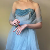 Blue Vintage Elegant Pearl Long Tulle Ball Gown Evening Gown Party Dress HZ1023