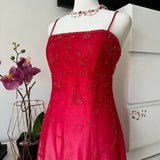 Red Pink Gradient Retro Shiny Fashion Stunning Elegant Delicate Floral Beaded Backless Lace Up Long Tulle Formal Prom Dress Evening Gown Birthday Party Gown Prom Gown Graduation Gown HZ1023
