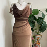 Brown and Cream Sparkly Ombre Stunning Shiny Vintage Fashion Stunning Elegant Delicate Rhinestone Long Chiffon Ball Gown Evening Gown Birthday Party Gown Fairy Ball Gown Graduation Gown HZ1023