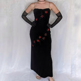 Black Vintage Elegant Delicate Rose Floral Beaded Long Velvet Ball Gown Evening Gown Birthday Party Gown Prom Gown HZ1023