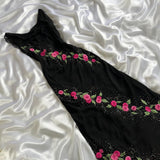 Black gorgeous shiny fashion elegant exquisite floral embroidery long chiffon ball gown evening dress party dress HZ1023