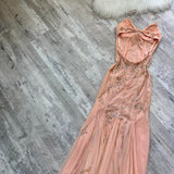 Pretty Vintage Peach Cream Delicate Silver Floral Sequin Beaded Long Chiffon Ball Gown Evening Gown Prom Dress Birthday Party Dress HZ1023