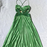 Green Vintage Fashion Playful Deep V Exquisite Beaded Sequin Camisole Long Backless Satin Fairy Ball Gown Prom Dress Evening Gown Birthday Party Dress HZ1023