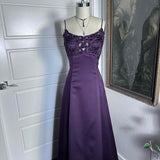 Purple Vintage Fashion Elegant Exquisite Beaded Long Spaghetti Strap Satin prom dress Evening Dress Party Dress HZ1023
