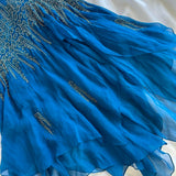 ???Vintage Blue Fashion Exquisite Silver Gold Beads Long Elegant Flowing Chiffon Ball Gown Evening Gown Party Dress Prom Gown HZ1023