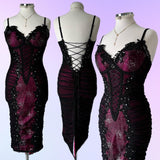 Berry pink stunning vintage fashion pleated mesh midi length elegant lace ball gown evening dress birthday party dress prom dress HZ1023