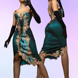 Turquoise Beautiful Fantasy Vintage Elegant Delicate Floral Sequin Beaded Bustier Midi Satin Homecoming Gown Prom Gown Evening Gown Party Gown Graduation Gown HZ1023