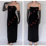 Black Vintage Elegant Delicate Rose Floral Beaded Long Velvet Ball Gown Evening Gown Birthday Party Gown Prom Gown HZ1023