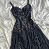 Dark Fairy Retro Navy Blue Fashion Elegant Beautiful Exquisite Gemstone Beaded Mid-Length Chiffon Ruffles Handmade Custom Prom Dress Evening Dress Party Dress Prom Dress HZ1023