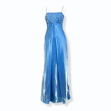 Blue Beautiful Vintage Fairy Long Satin Tulle Gown Delicately Beaded Spaghetti Straps Prom Dress Evening Party Dress Prom Dress HZ1023