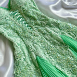 Mint Green Shiny Charming Stunning Unique Fashion Beautiful Elegant Delicate Lace Long Lace Sequin Fairy Ball Gown Evening Gown Birthday Party Gown Prom Gown HZ1023