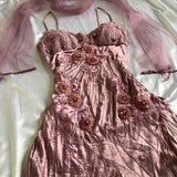 Pink Purple Retro Fashion Beautiful Dreamy Exquisite Floral Beaded Spaghetti Straps Short Mid-Length satin Prom Dress Evening Party Dress Prom Dress Homecoming Dress HZ1023