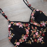 Black stylish elegant pink delicate floral beading embroidery spaghetti strap long chiffon ruffles prom dress evening dress party dress HZ1023