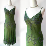 Green Vintage Fashion Elegant Exquisite Beaded Long Chiffon Suspender Dress Floral Embroidery Ball Gown Evening Gown Party Dress Prom Gown HZ1023