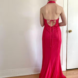 Vintage Fashion Playful and Sexy Bright Pink Deep V Delicate Floral Beaded Halter Long Satin Tulle Fairy Ball Gown Square Neck Prom Dress Evening Gown Birthday Party Dress HZ1023