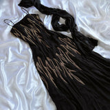 Black Gorgeous Delicate Gold Beaded Rhinestone Spaghetti Straps Long chiffon Ball Gown Evening Gown Party Dress Prom Gown HZ1023