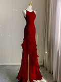 Black/Wine Red/White Fashion Elegant Spaghetti Strap Backless Long Chiffon Mermaid Slim Ruffle Ball Gown HZ1023