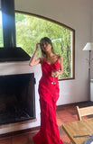 Red Maxi Prom Dress With Frill Detail Backless Party Dress HZ1023
