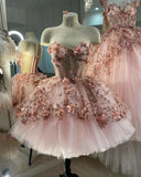Pink Gorgeous Exquisite Beaded Floral Applique Short Homecoming Dress Evening Dress Prom Dress Handmade Flowers 14/16 Birthday Outfit Party Dress HZ1023