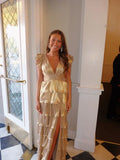 Gold Fashion Elegant Simple A-line Layered Long Sexy Slit Satin Ball Gown Evening Dress HZ1023