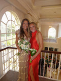 Gold Fashion Elegant Simple A-line Layered Long Sexy Slit Satin Ball Gown Evening Dress HZ1023