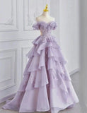 Purple Fairy Gorgeous Elegant Fashion A-Line Off-the-shoulder Long Tulle Ball Gown Evening Dress HZ1023
