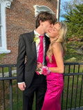 Hot Pink Sexy Fashion V Neck Mermaid Long Elegant Satin Prom Dress, Evening Dress, Birthday Costume Party Dress HZ1023