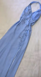 Beautiful light blue A-line strap blue delicate floral rhinestone sequin beaded backless long slit chiffon ball gown evening gown prom gown birthday party dress HZ1023