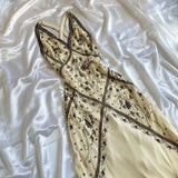 Cream color beige V neck exquisite elegant floral pattern long evening dress prom dress HZ1023