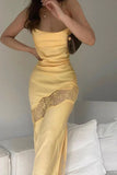 Yellow new lace spaghetti straps sexy backless mid-length elegant satin prom dress evening dress party dress HZ1023