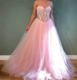 Pink Sparkling A-Line Long Beaded Elegant Halter Neck tulle Ball Gown Evening Dress HZ1023