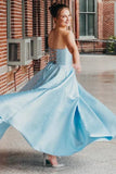 Blue fashion elegant exquisite pearl beading long satin ball gown evening dress HZ1023
