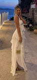 White pure color youthful elegant sweet long chiffon ruffle irregular skirt seaside beach holiday party dress evening dress prom dress HZ1023