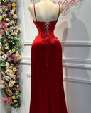 Red gorgeous exquisite fashion shiny spaghetti straps slit mermaid slim long satin ball gown evening dress party dress HZ1023