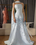 Blue gorgeous exquisite floral beaded long satin ball gown evening gown graduation dress HZ1023