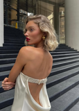 Ivory Fashion Chic Long Sexy Backless Satin prom dress Evening Dress Party Dress HZ1023